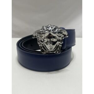 Men's Versace Medusa Navy Blue Leather Belt  Metal Silver Buckle Size 105-42